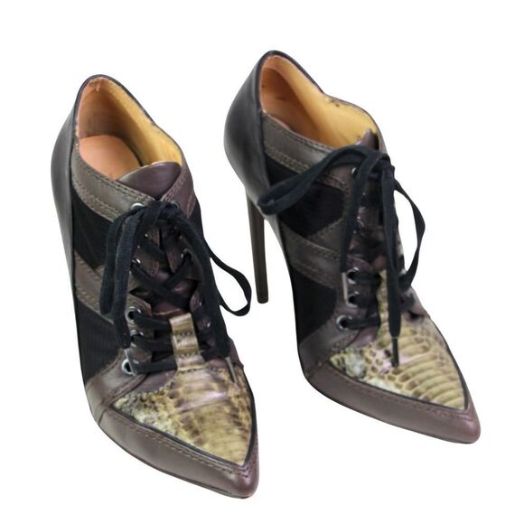 L.A.M.B. BROWN BLACK REAL LEATHER POINTED TOE HIGH HEEL LACE UP ANKLE BOOTS 8M - Picture 1 of 10
